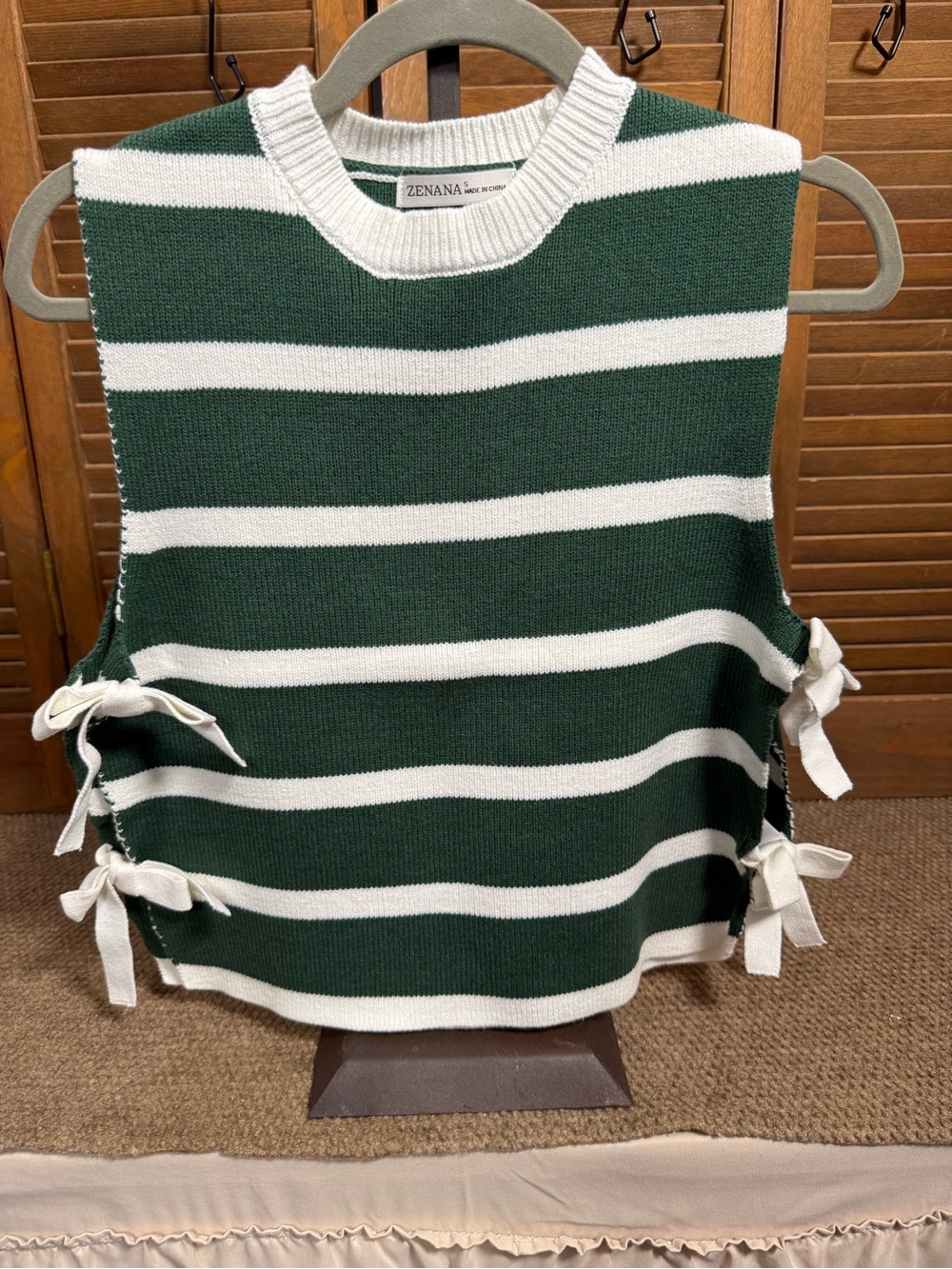 Zenana Outfitters Green and White Striped Side-Tie Knit Vest
